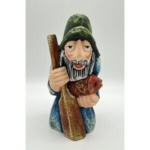 Ceramic Folk Art Pottery Hand Painted 7” Old Man Ore & Koi Fish Figurine Signed